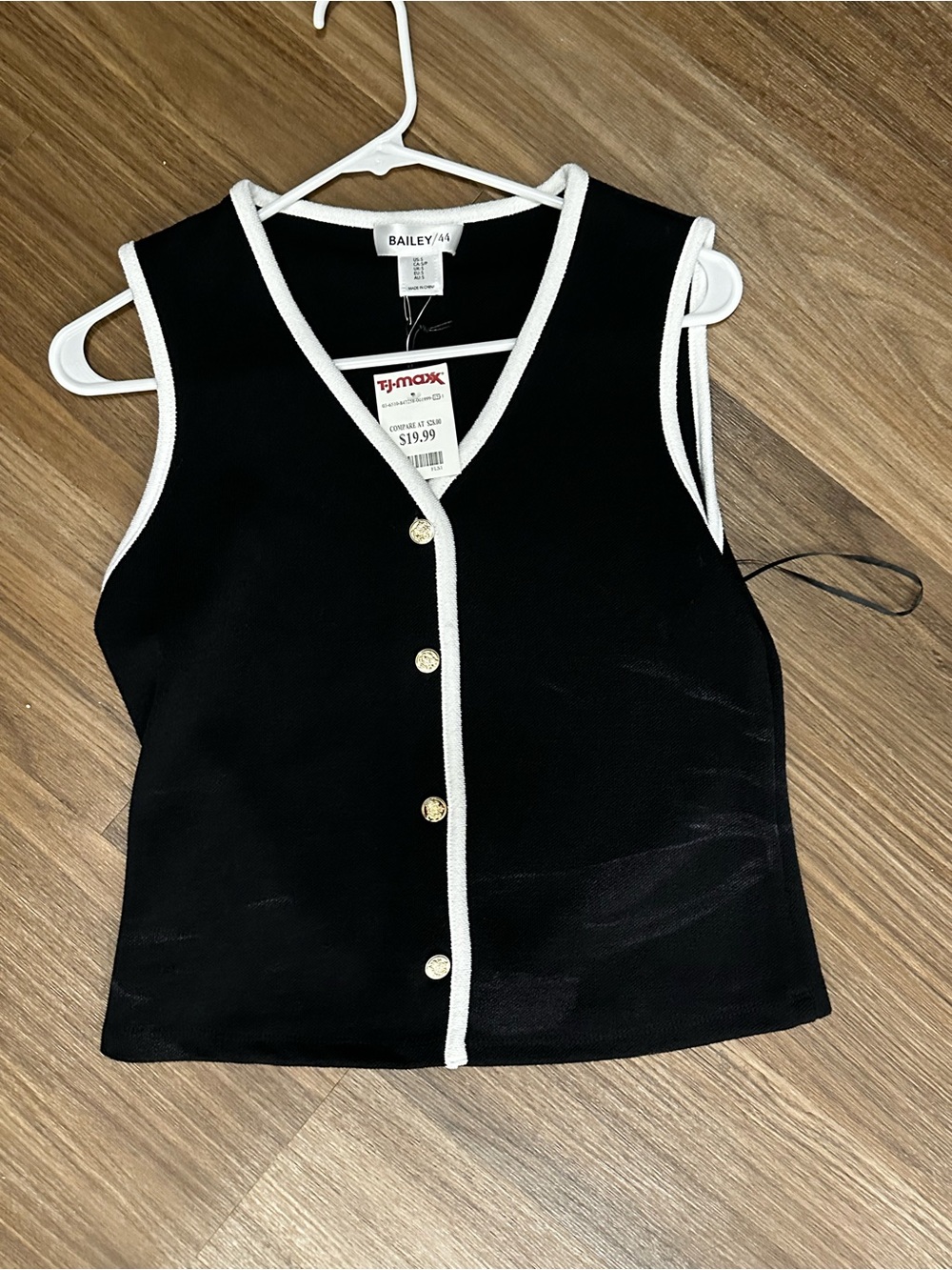 Bailey 44 Black Tank Top with White Trim and Gold Buttons